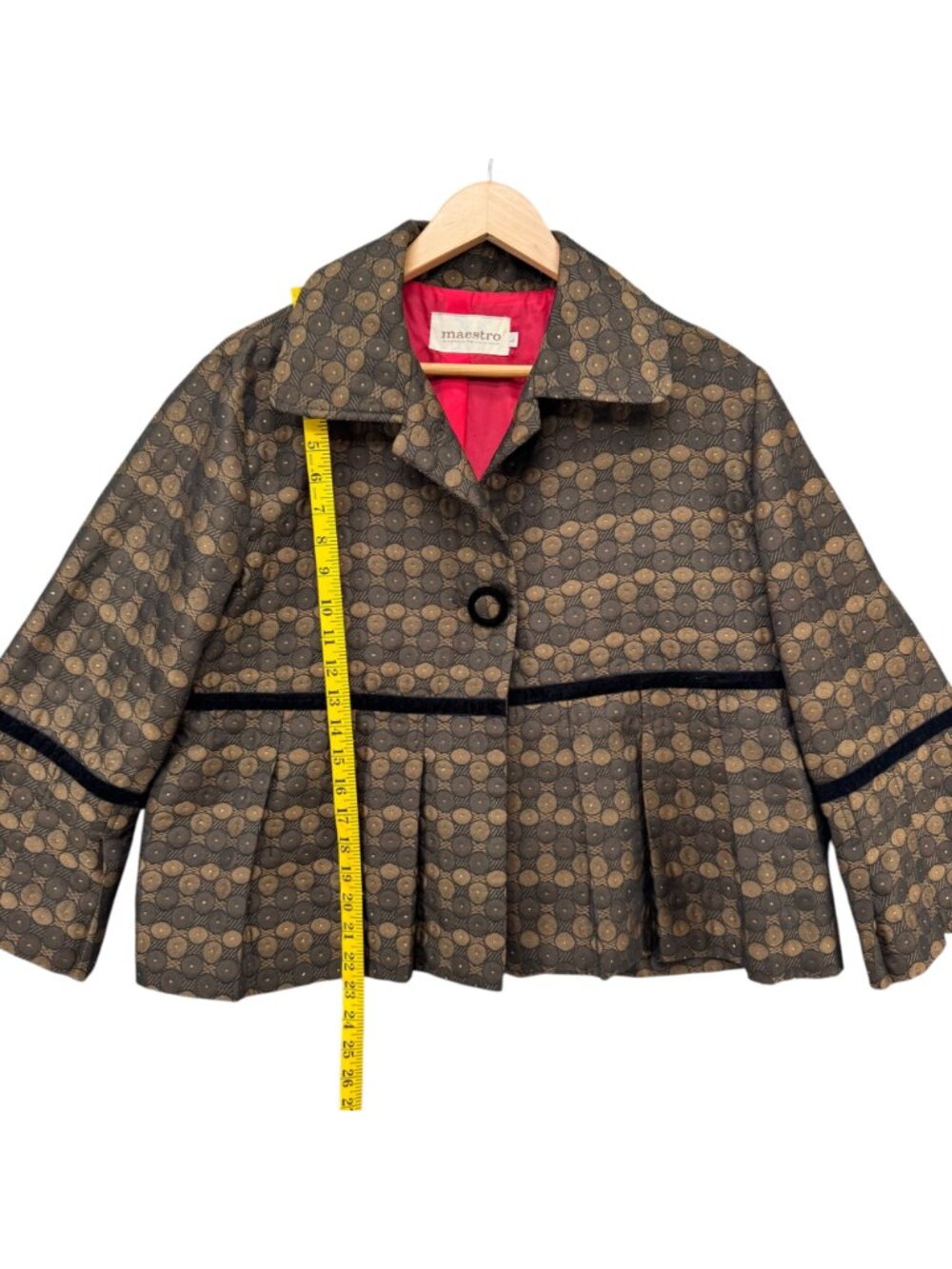 Maestro Jacquard Pleated Jacket Womens Brown Cropped Bell Sleeve Blazer Size L - Picture 7 of 10